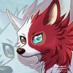 ambiguous_gender black_nose blue_eyes feral feralized fluffy fur grey_eyes heterochromia multicolored_body multicolored_fur red_body red_fur solo text two_tone_body two_tone_fur white_body white_fur yuedrawz my_hero_academia todoroki_shouto canid canine canis mammal wolf 1:1 2022 url