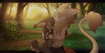 anthro black_bars blue_eyes clothed clothing day detailed_background duo eyes_closed female forest fur grass grey_body grey_fur male outside plant smile tree magenta7 cypress_(aseethe) seraph_(oldmancassius) canid canine felid feline hybrid mammal 2022 digital_media_(artwork)