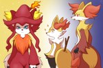 ambiguous_gender anthro fur group magic_user red_body red_fur stick stick_in_tail witch yellow_body yellow_fur vavacung distracted_boyfriend nintendo palworld pocketpair pokemon braixen canid canine delphox fox generation_6_pokemon mammal pal_(species) pokemon_(species) wixen crossover meme