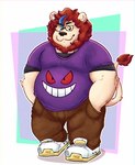 anthro belly big_belly black_nose bottomwear clothing eyewear glasses male overweight overweight_male pants shirt simple_background solo topwear 06junior11 nintendo pokemon felid generation_1_pokemon gengar lion mammal pantherine pokemon_(species) 2024 hi_res