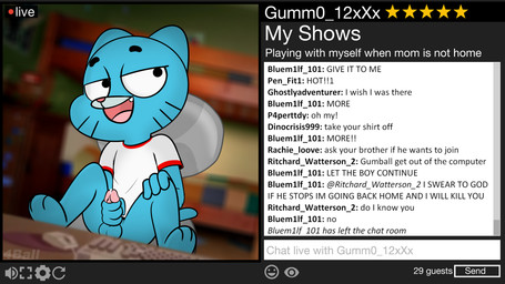 anthro balls bedroom biped blue_body blue_fur bodily_fluids bottomless bottomless_anthro bottomless_male camera chat_box clothed clothed_anthro clothed_male clothing computer_mouse erection fur genital_fluids genitals half-closed_eyes keyboard livestream male male_anthro masturbation narrowed_eyes on_model open_mouth penile penile_masturbation penis precum recording shirt shirt_only sitting solo spreading text topwear topwear_only young young_anthro young_male fourball cartoon_network the_amazing_world_of_gumball gumball_watterson domestic_cat felid feline felis mammal 16:9 2019 digital_media_(artwork) english_text hi_res widescreen