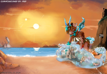 2_horns anthro beach bikini biped black_nose breasts claws clothed clothing cloud elemental_manipulation female hair horn kneeling kneeling_on_ground medium_breasts post-apocalyptic red_body red_hair sand sand_castle scales sculpture seaside short_hair sky solo sun swimwear tail toe_claws two-piece_swimsuit unusual_anatomy unusual_tail water water_manipulation water_tail canisfidelis ambient_fish ambient_sealife unknown_species 2024 alternate_version_at_source hi_res