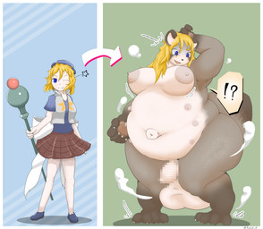 anthro ball_growth balls big_breasts blonde_hair bottomwear breasts clothing female ftg_transformation fti_transformation gender_transformation genital_growth genitals growth gynomorph hair holding_object holding_staff human_to_anthro interrobang intersex multi_nipple navel nipples nude overweight overweight_anthro pawpads penis penis_growth purple_eyes skirt smile solo species_transformation staff standing surprised tail tail_growth transformation weight_gain axolotl_tf canid canine human mammal raccoon_dog tanuki 2021 censored hi_res mosaic_censorship