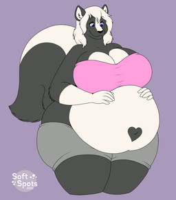 anthro belly belly_overhang big_belly big_breasts black_body black_fur blush bottomwear breasts cleavage clothed clothing countershade_torso countershading crop_top female fur gloves_(marking) grin hair hand_on_belly hand_on_own_belly happy heart_(marking) huge_hips logo looking_at_own_belly markings multicolored_body multicolored_fur obese obese_anthro obese_female overweight overweight_anthro overweight_female patting_belly purple_background purple_eyes rumbling_stomach shirt shorts simple_background smile solo tail text thick_thighs three-quarter_view topwear tube_top two_tone_body two_tone_fur white_body white_fur white_hair wide_hips worried soft-spots jessica_(coaster14) mammal mephitid skunk 2020 2d_animation animated artist_logo artist_name digital_media_(artwork) loop portrait short_playtime three-quarter_portrait