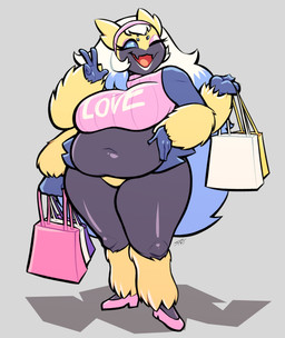 4_arms 4_fingers 6_eyes accessory anthro belly big_belly big_breasts black_body blue_body blue_eyes blue_hair breasts clothing deep_navel fangs featureless_crotch female fingers fluffy_arms fluffy_legs footwear fur gesture grey_background hair hand_gesture hand_on_belly headband high_heels holding_bag long_hair looking_at_viewer multi_arm multi_eye multi_limb multicolored_hair navel one_eye_closed open_mouth open_smile overweight overweight_anthro overweight_female pink_clothing pink_footwear pink_high_heels shoes simple_background smile smiling_at_viewer solo teeth text text_on_clothing thick_thighs v_sign voluptuous_anthro voluptuous_female white_hair wide_hips wink winking_at_viewer yellow_body yellow_fur spitfaucet nintendo pokemon valentine_(glitterypikachu) galvantula generation_5_pokemon pokemon_(species) 2026 digital_media_(artwork) english_text hi_res signature