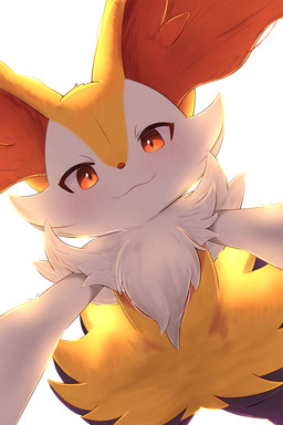 ambiguous_anthro ambiguous_gender anthro black_body black_fur cheek_tuft facial_tuft fur inner_ear_fluff light looking_at_viewer looking_down looking_down_at_viewer low-angle_view mouth_closed multicolored_body multicolored_fur pupils red_body red_eyes red_fur red_inner_ear_fluff red_nose solo tuft white_body white_fur worm's-eye_view yellow_body yellow_ears yellow_fur rumine nintendo pokemon braixen canid canine generation_6_pokemon mammal pokemon_(species) 2025 2:3 hi_res lighting shaded