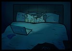 anthro bed biped blue_eyes clothing duo female fur furniture male on_bed red_eyes under_covers underwear watching_movie ghozt arthur_(ghozt) lucy_(ghozt) domestic_cat felid feline felis mammal hi_res