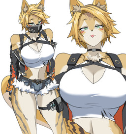 anthro belt big_breasts blep blonde_hair bottomwear breasts choker clothing crop_top denim denim_bottomwear denim_clothing denim_shorts eyebrows eyelashes female fur green_eyes hair inner_ear_fluff jewelry mask midriff necklace shirt shorts solo thigh_pouch tongue tongue_out topwear tuft white_body white_fur yellow_body yellow_fur ilo_a5 mihoyo zenless_zone_zero pulchra_fellini felid feline felis mammal thiren 2025 hi_res