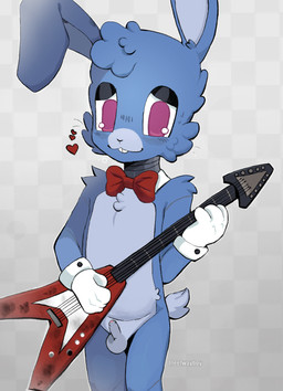:3 anthro bow_tie clothing electric_guitar gloves guitar handwear heart_symbol holding_guitar holding_musical_instrument holding_object machine male musical_instrument nude plucked_string_instrument solo string_instrument young fleetwayboy five_nights_at_freddy's scottgames bonnie_(fnaf) animatronic lagomorph leporid mammal rabbit robot 2026 absurd_res hi_res
