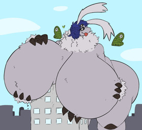 3_fingers 4_arms antennae_(anatomy) anthro arm_tuft bent_over big_breasts biped black_sclera blue_hair breasts breasts_on_building building city cloud eyelashes female female_anthro fingers fur grey_body grey_fur hair heart_symbol holding_breast huge_breasts hyper hyper_breasts macro macro_anthro macro_female mane multi_arm multi_limb side_butt sky solo tongue tongue_out tuft white_eyes window wrist_tuft atdoop fulltimeanimal third-party_edit leech_(atdoop) arthropod insect lepidopteran moth 2023 absurd_res colored hi_res