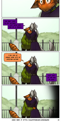 age_difference anthro clothing dialogue duo eyewear female glasses green_clothing green_jacket green_topwear hug jacket male male/female purple_clothing purple_jacket purple_topwear text topwear james_howard patreon agatha_(james_howard) alphonse_(james_howard) cougar domestic_cat felid feline felis mammal absurd_res comic english_text hi_res url