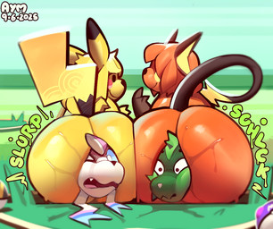 anal anal_head_gulp anal_vore anthro big_butt bodily_fluids butt butt_focus eye_contact grass great_ball group hair hair_over_eyes looking_at_another master_ball one_eye_closed open_mouth orange_body outside plant pokeball raised_tail rear_view sitting slurping smile sound_effects tail thick_thighs ultra_ball vore wide_hips yellow_body yellow_ears yellow_tail aymbord nintendo pokemon canid eeveelution felid floragato generation_1_pokemon generation_6_pokemon generation_9_pokemon mammal pikachu pokemon_(species) raichu rodent sylveon 2025 digital_drawing_(artwork) digital_media_(artwork) signature