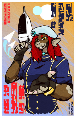 6_fingers anthro border choker clothed clothing female fingerless_gloves fingers gibberish gloves gun hair handwear hat headgear headwear jewelry looking_at_viewer necklace poster propaganda_poster ranged_weapon reaching_towards_viewer red_hair smile solo text uniform weapon white_border kawattame voices_of_the_void alien ariral colored hi_res