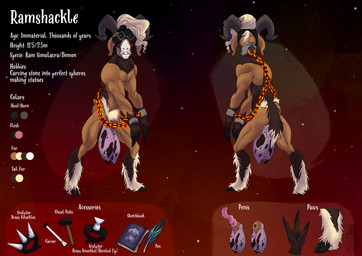 animal_genitalia backsack balls bdsm belt big_balls bondage bound butt chain chained digitigrade erection genitals horn male nipples nude penis saggy_balls sheath solo text bigalphonsebear bovid caprine demon goat mammal absurd_res english_text hi_res model_sheet