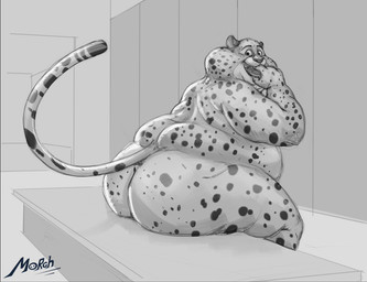 anthro big_butt butt dessert doughnut eating food fur locker_room looking_at_viewer love_handles male markings nude overweight overweight_anthro overweight_male pastry rear_view sitting solo spots spotted_body spotted_fur themorghull disney zootopia benjamin_clawhauser cheetah felid feline mammal 2025 hi_res monochrome