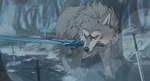 ambiguous_gender feral forest fur grey_body grey_fur melee_weapon outside plant quadruped solo sword sword_in_mouth tree weapon yellow_eyes ahriman_(artist) dark_souls fromsoftware great_grey_wolf_sif canid canine canis mammal wolf 2022 hi_res