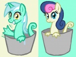 alternate_species bucket container duo female grin horn in_bucket in_container smile arrkhal friendship_is_magic hasbro if_it_fits_i_sits_(meme) my_little_pony mythology bonbon_(mlp) lyra_heartstrings_(mlp) equid equine fish mammal marine mythological_creature mythological_equine seahorse syngnathid syngnathiform unicorn meme