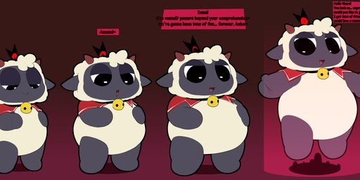 absorption_vore anthro assimilation bell bound clothing costume costume_transformation crown cursed_object demonic duo encasement floating fur glowing glowing_eyes headgear horn host inside inside_clothing locked manipulation mascot mascot_suit mask plushie plushie-like plushie_transformation plushophilia plushsuit possession solo squish suit suit_transformation suiting suiting_sequence suiting_up teasing text transformation trapped trapped_in_clothing tricked vore wool_(fur) yeenskunk cult_of_the_lamb massive_monster_(studio) cassidy_(yeenskunk) lamb_(cult_of_the_lamb) bovid caprine mammal mouse murid murine rodent sheep absurd_res english_text hi_res sequence