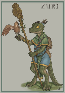 3_toes 5_fingers ambiguous_gender anthro anthro_focus backpack bag barefoot biped blue_clothing bracelet brown_body brown_feathers claws clothed clothing digitigrade druid duo eye_contact feathers feet female feral fingers fully_clothed grass green_body green_clothing green_scales grey_background holding_object holding_weapon horn jewelry looking_at_another magic_user plant scales simple_background solo solo_focus staff standing text toe_claws toes tribal_spellcaster weapon wings yellow_eyes yellow_sclera crestfallenartist zuri_(character) avian bird kobold owl scalie 2019 digital_media_(artwork) hi_res signature female_(lore)