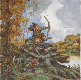 ambiguous_gender anthro arrow_(weapon) bow_(weapon) brown_body brown_fur feral firing_weapon forest fur gesture group hand_gesture holding_bow_(weapon) holding_object holding_ranged_weapon holding_weapon male melee_weapon open_mouth outside plant pointing pointing_away ranged_weapon riding river running standing sword tail tree weapon larry_macdougall mammal mouse murid murine reptile rodent scalie turtle hi_res traditional_media_(artwork)