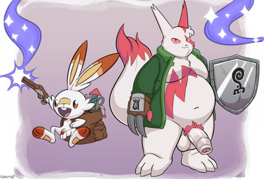 backpack balls belly big_belly bottomless buckteeth cheek_tuft clothed clothing dipstick_tail duo ear_markings eye_markings facial_markings facial_tuft feet feral foreskin fur genital_markings genitals green_clothing green_topwear gun head_markings holding_gun holding_object holding_ranged_weapon holding_shield holding_weapon humanoid_genitalia humanoid_penis looking_at_viewer male markings mostly_nude mouth_closed multicolored_tail navel open_clothing open_mouth open_topwear overweight overweight_male partially_clothed penis penis_markings purple_background ranged_weapon red_eyes red_markings shield shotgun simple_background slightly_chubby tail tail_markings teeth toeless_(marking) topwear tuft weapon white_body white_fur yellow_inner_ear nokemop nintendo pokemon generation_3_pokemon generation_8_pokemon pokemon_(species) scorbunny zangoose hi_res signature