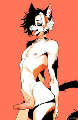 anthro bodily_fluids clothed clothing collar dripping ear_piercing emaciated erection femboy fur genitals hair hair_over_eye humanoid_genitalia humanoid_penis male navel nipple_piercing nipples orange_eyes penis piercing pupils saliva saliva_drip simple_background slim slit_pupils small_waist solo tail tongue tongue_out underwear underwear_only white_body pawsessivebaby kairo_(pawsessivebaby) calico_cat domestic_cat felid feline felis mammal digital_media_(artwork) hi_res