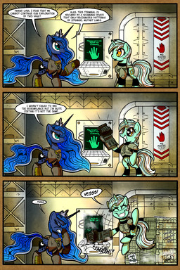 armor blue_eyes blue_hair cutie_mark duo feathered_wings feathers female hair horn star text wings yellow_eyes gray-day fallout friendship_is_magic hasbro microsoft my_little_pony mythology lyra_heartstrings_(mlp) princess_luna_(mlp) equid equine mammal mythological_creature mythological_equine unicorn winged_unicorn 2015 2:3 absurd_res comic crossover english_text hi_res
