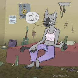 alcohol anthro barefoot beer beer_bottle beverage blue_eyes bottle bottle_cap breasts cigarette claw_marks clothing container electric_guitar feet female guitar musical_instrument plucked_string_instrument poster shirt solo speech_bubble string_instrument tank_top text topwear vinyl_record lost_andsafe domestic_cat felid feline felis mammal siamese_cat 1:1 absurd_res colored english_text hi_res russian_text screentone