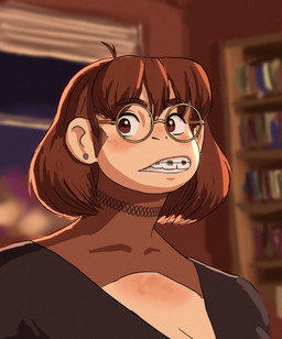ahoge anthro bangs bared_teeth braces brown_body brown_eyes brown_fur brown_hair choker clothed clothing ear_piercing eyewear female freckled_face freckles fur glasses hair jewelry necklace piercing round_glasses shirt short_hair solo style_emulation topwear redustheriotact ghibli carol_(redustheriotact) haplorhine mammal monkey primate 2025 hi_res
