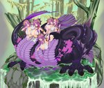 accessory big_breasts bodily_fluids breasts claws clothing fchimaera female fin flower flower_in_hair genital_fluids hair hair_accessory laurel_wreath looking_at_viewer moss multi_body navel nipple_outline outside plant purple_body purple_hair purple_scales rock scales smile smoke solo standing tail tongue tongue_out tree vaginal_fluids water feralchimaera european_mythology greek_mythology mythology hydra 2023 absurd_res digital_media_(artwork) hi_res