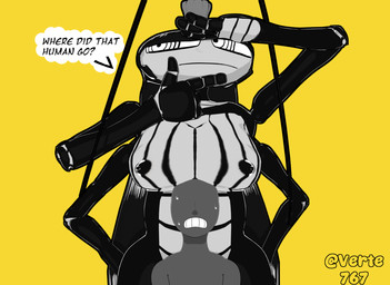 anthro big_breasts big_eyes black_body black_hair breasts clenched_teeth clothing dialogue doubt duo female grey_body hair hiding male male/female nipples nude scared search standing teeth text verelo versus_(manga) anon roya_roach arthropod blattodean demon human humanoid insect mammal comic english_text hi_res