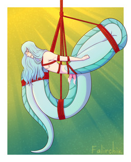 2_penises apode bdsm blue_body blue_hair blush bodily_fluids bondage bound genital_fluids genitals hair legless long_hair male multi_genitalia multi_penis nipples not_furry penis red_rope restraints rope rope_bondage rope_harness serpentine solo split_form falirchik draconcopode humanoid lamia reptile scalie snake 2022 digital_drawing_(artwork) digital_media_(artwork) hi_res shaded