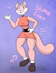 anthro big_breasts blue_eyes breasts clothing dress female fluffy fluffy_tail footwear fur pink_body pink_fur shoes solo tail thick_thighs aroradraws super_planet_dolan shima_luan felid feline mammal hi_res pastel_theme