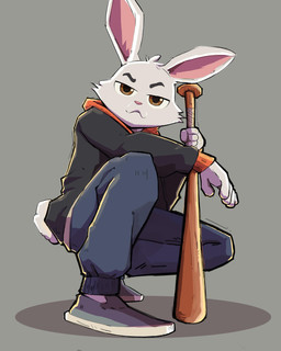anthro baseball_bat bat_(object) brown_eyes clothing footwear fur hoodie looking_at_viewer male scut_tail shoes short_tail solo tail topwear white_body white_fur javidraw lagomorph leporid mammal rabbit absurd_res hi_res