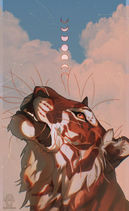 ambiguous_gender blue_sky brown_body brown_fur cheek_tuft cloud detailed_background facial_tuft fangs feral fur inner_ear_fluff logo neck_tuft open_mouth orange_eyes outside realistic sky solo teeth text tuft whiskers white_body white_fur white_inner_ear_fluff justkiddinb felid mammal artist_logo artist_name detailed hi_res