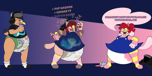 after_transformation before_transformation beverage bodily_fluids breast_growth breasts clothing clothing_transformation diaper drooling eyes_closed eyewear fangs female footwear fur gender_transformation glasses growth hat headgear headwear height_loss identity_death intelligence_loss legwear lemonade looking_at_viewer male mid_transformation overall_dress pink_body pink_fur pull-ups_(diaper) saliva simple_background slightly_chubby socks solo species_transformation speech_bubble spilled_drink sweater talking_to_viewer teeth text thigh_highs topwear transformation ushanka weight_gain youknowthatpup disney underjams undertale_(series) zootopia gary_de'snake jelly_(youknowthatpup) jeremiah_(jeremiahs) felid feline human hybrid lynx mammal tem absurd_res english_text hi_res