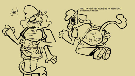 anthro anus asking asking_how asking_if_serious blush bodily_fluids butt clothed clothing cum cum_on_butt cumshot dialogue disembodied_penis duo ejaculation eye_bags female genital_fluids genitals male male/female overweight overweight_anthro penis premature_ejaculation question questioning_tone sex solo_focus surprised text thigh_sex unimpressed yes-no_question slushymash bovid bovine cattle mammal black_and_yellow english_text hi_res monochrome