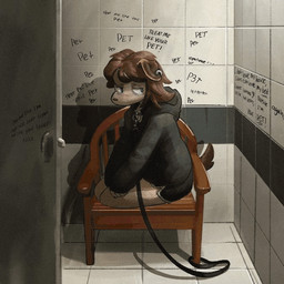 ambiguous_gender anthro bathroom black_clothing black_hoodie black_topwear blinking bodily_fluids brown_hair chair clothing collar crying degradation eye_bags furniture graffiti hair hoodie kneeling leash leashed_collar light lyrics mouthless public_restroom restroom_stall solo tears text topwear salamanding femtanyl joan_(salamanding) canid canine canis domestic_dog mammal 1:1 2d_animation animated digital_media_(artwork) english_description english_text frame_by_frame lighting loop short_playtime female_(lore)