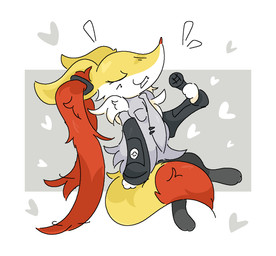 3_fingers 3_toes accessory ambiguous_anthro ambiguous_gender anthro arm_tuft biped black_body blush blush_lines cheek_tuft clothed clothed_ambiguous clothed_anthro clothing cosplay crossover_cosplay digitigrade dipstick_tail ears_back electronics emanata eyelashes eyes_closed facial_tuft feet fingers fur grey_body grey_fur hip_tuft holding_microphone holding_object inner_ear_fluff markings microphone multicolored_body multicolored_fur necktie open_:3 open_mouth orange_body orange_fur orange_inner_ear_fluff orange_nose orange_tail_tip pivoted_ears pointy_ears prick_ears pseudo_clothing shoulder_tuft side_view simple_background singing solo tail tail_markings toes tuft two_tone_tail white_background white_body white_fur yellow_body yellow_fur yellow_tail guzzlord420 nintendo pokemon vocaloid yamaha_corporation hatsune_miku braixen canid generation_6_pokemon mammal pokemon_(species) 2025 aliasing binary_drawing cel_shading colored crossover digital_drawing_(artwork) digital_media_(artwork) english_description full-length_portrait hi_res portrait shaded