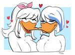 aged_up anthro big_breasts blue_highlights blush breasts eyes_closed eyeshadow female female/female fluffy_breasts fluffy_chest hair heart_symbol hearts_around_head highlights_(coloring) long_hair long_ponytail makeup ponytail purple_mascara romantic romantic_couple short_hair kinkypeach disney ducktales ducktales_(2017) lena_(ducktales) webby_vanderquack anatid anseriform avian bird duck