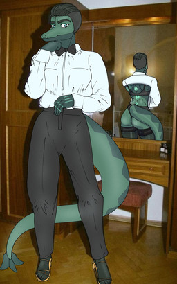 5_toes anthro back_muscles backless_clothing big_butt black_bottomwear black_bra black_clothing black_hair black_legwear black_panties black_pants black_stockings black_tie_(suit) black_underwear blue_eyes bottomwear bow_tie bra bubble_butt butt claws clothing collared_shirt eyelashes feet female footwear glistening glistening_back glistening_body glistening_butt glistening_scales green_body green_scales hair high_heels huge_thighs legwear long_tail looking_at_viewer mirror mirror_reflection multicolored_body multicolored_scales muscular muscular_anthro muscular_female panties pants photo_background reflection scales shirt shoes short_hair smile snout solo stockings suit tail thick_thighs toe_claws toes tomboy topwear two_tone_body two_tone_scales underwear wide_hipped_anthro wide_hipped_female wide_hips nuar_come_mundos goodbye_volcano_high ko_op_(game_developer) serena_lopez dinosaur prehistoric_species reptile scalie 2026 absurd_res digital_drawing_(artwork) digital_media_(artwork) hi_res mixed_media photography_(artwork)