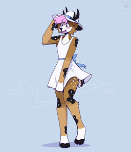 anthro black_hooves black_horn black_markings black_nose blue_bow blush brown_body brown_fur cheek_tuft chest_tuft clothed clothing crossdressing dress facial_tuft femboy fur hair hat headgear headwear hooves horn male markings multicolored_body multicolored_fur open_mouth pink_hair short_hair snout solo tail tuft white_clothing white_dress white_hat white_headwear white_markings fleurfurr deer mammal cel_shading colored digital_drawing_(artwork) digital_media_(artwork) hi_res shaded