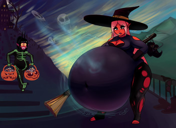 after_vore belly big_belly breasts clothing female group hat headgear headwear holidays huge_belly manor not_furry outside overweight red_body red_skin vore witch_costume witch_hat metalforever halloween ember_(metalforever) demon 11:8 2018 hi_res