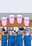 anthro beverage big_bulge biped brainwashing bulge clothing detailed_bulge erection erection_under_clothing genital_outline group hypnosis hypnovember2024 male male_anthro mind_break mind_control open_mouth open_smile penis_outline smile spiral_eyes tenting tongue tongue_out lenderednel hypnovember canid canine canis felid mammal maned_wolf moschid musk_deer pantherine snow_leopard wolf hi_res