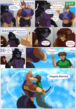 anthro big_breasts black_body black_fur bottomwear bra breasts brown_body brown_fur clothing dialogue female fur group gym huge_breasts husband_and_wife kissing larger_female male male/female married_couple muscular muscular_female muscular_male shorts size_difference smaller_male sports_bra tail text underwear calheb-db calheb_(calheb-db) daniel_porter tracy_porter canid canine canis dobermann domestic_dog felid lion mammal pantherine pinscher 2026 comic english_text hi_res