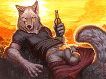 5_fingers animal_genitalia anthro backlighting balls black_nose blep bottle bottomwear bottomwear_pull boxers_(clothing) claws clothing clothing_pull container day detached_sheath detailed_background fingers fully_sheathed fur genitals grass grey_body grey_fur holding_bottle holding_container holding_object light looking_at_viewer lying male on_back one_eye_closed orange_eyes outside pants pants_pull plant red_bottomwear red_clothing red_shorts red_underwear sheath shirt shorts smile solo sunset t-shirt tail tail_between_legs tongue tongue_out topwear underwear white_balls white_body white_fur white_sheath wink hibbary canid canine canis mammal wolf 2016 detailed lighting