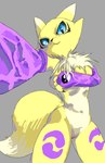 3_fingers anthro big_tail breasts clothing covering covering_breasts covering_self female fingers genitals gloves grey_background handwear looking_at_viewer nails pussy selfie sharp_nails simple_background smile snout solo tail tattoo yellow_body dwelne bandai_namco digimon canid digimon_(species) mammal renamon hi_res