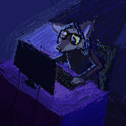 ambiguous_gender anthro blue_hair chair computer electronics fur furniture grey_body grey_fur hair keyboard smile solo yellow_eyes demensa mammal procyonid raccoon 1:1 2019 digital_media_(artwork) pixel_(artwork)