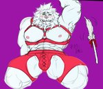 abs anthro armpit_hair blush body_hair cat_toy clothing embarrassed fur leather lingerie male muscular muscular_male nipples pecs solo white_body white_fur irura0323 lifewonders tokyo_afterschool_summoners snow_(tas) felid lion mammal pantherine