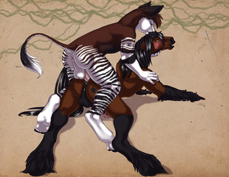 anal anal_penetration anthro anus backsack balls black_body black_fur black_hair black_stripes blue_eyes blush bodily_fluids brown_body brown_fur brown_stripes butt cum cum_in_ass cum_inside cum_on_butt duo erection from_behind_position fur genital_fluids genitals green_eyes hair half-closed_eyes hooves interspecies male male/male male_penetrated male_penetrating male_penetrating_male markings multicolored_body multicolored_fur narrowed_eyes nude penetration penis perineum sex simple_background star stripes two_tone_body two_tone_fur underhoof white_body white_fur sabretoothed_ermine dakotah ryan_moonshadow equid equine giraffid horse mammal okapi 2014 digital_media_(artwork)